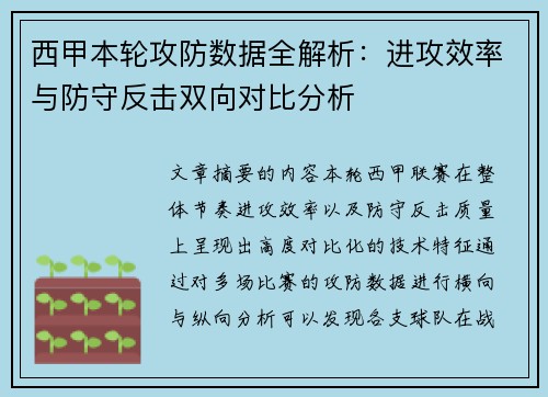 西甲本轮攻防数据全解析:进攻效率与防守反击双向对比分析 西甲本轮攻防数据全解析:进攻效率与防守反击双向对比分析