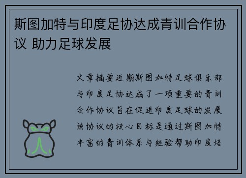 斯图加特与印度足协达成青训合作协议 助力足球发展