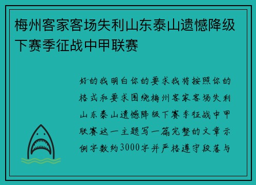 梅州客家客场失利山东泰山遗憾降级下赛季征战中甲联赛